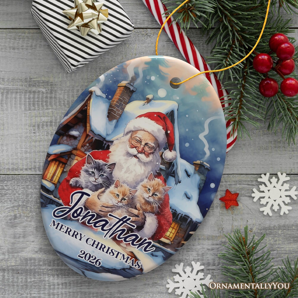 Cute Santa With Cats Personalized Ornament, Festive Christmas Gift With Custom Name and Date