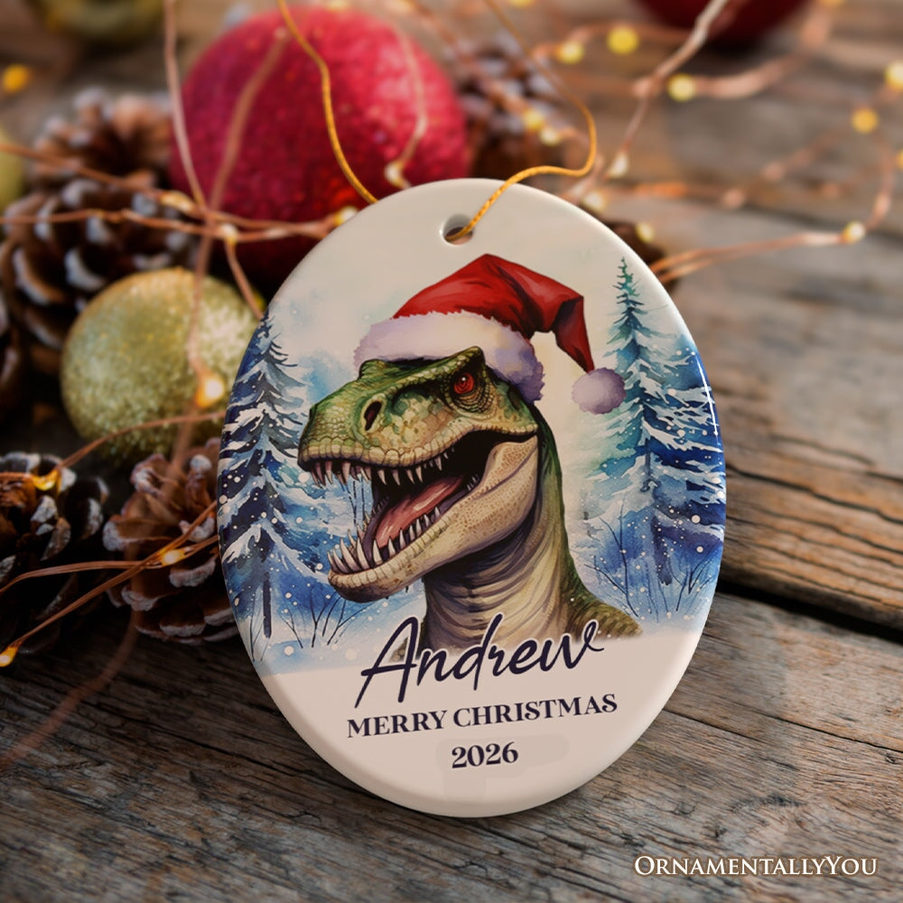 Dinosaur with Santa Hat Personalized Ornament, Winter Forest Christmas Gift With Custom Name and Date