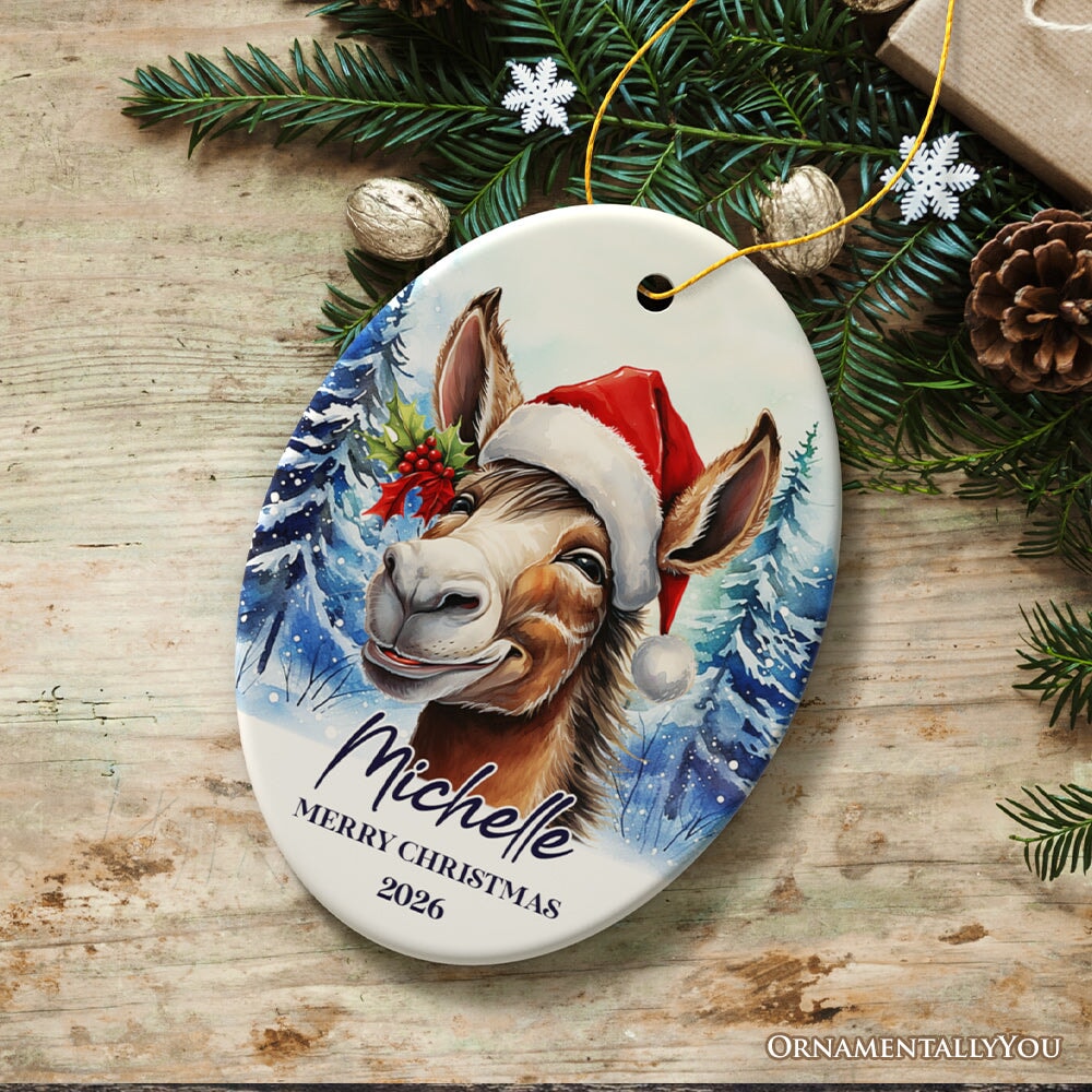 Donkey with Santa Hat Personalized Ornament, Winter Forest Christmas Gift With Custom Name and Date