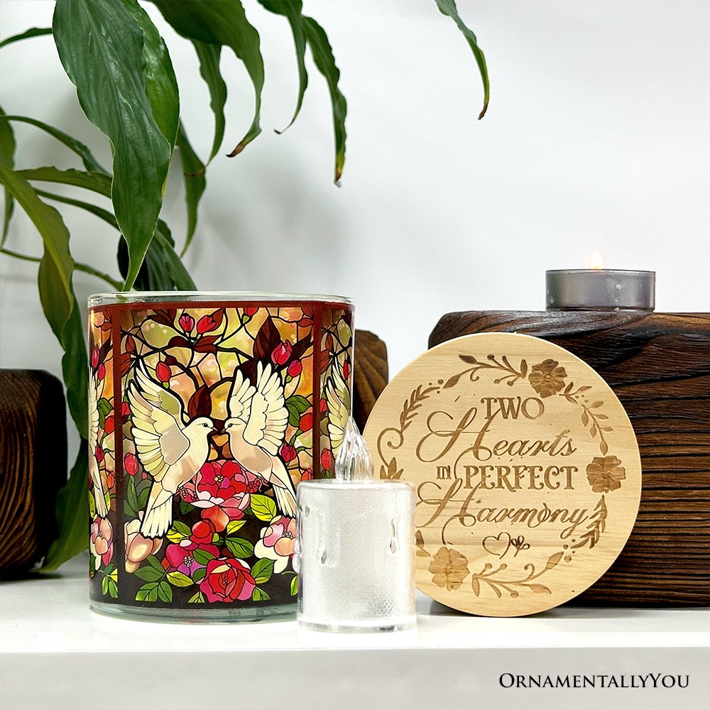 Doves Faux Stained Glass LED Tea Light Candle, Graceful Bird Tabletop Decor With Soft Glow
