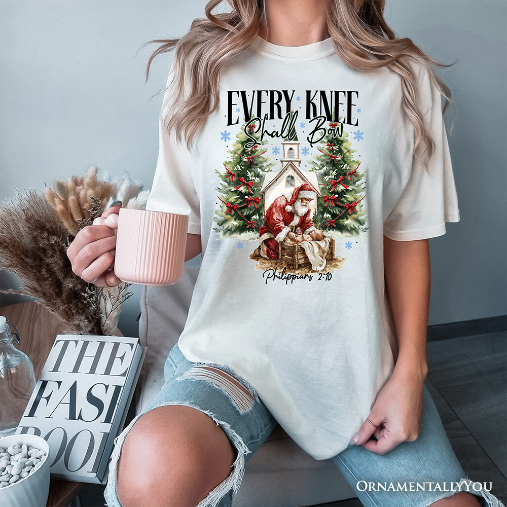 Every Knee Shall Bow Nativity Santa T-Shirt, Jesus Philippians 2:10 Christian Christmas Tee