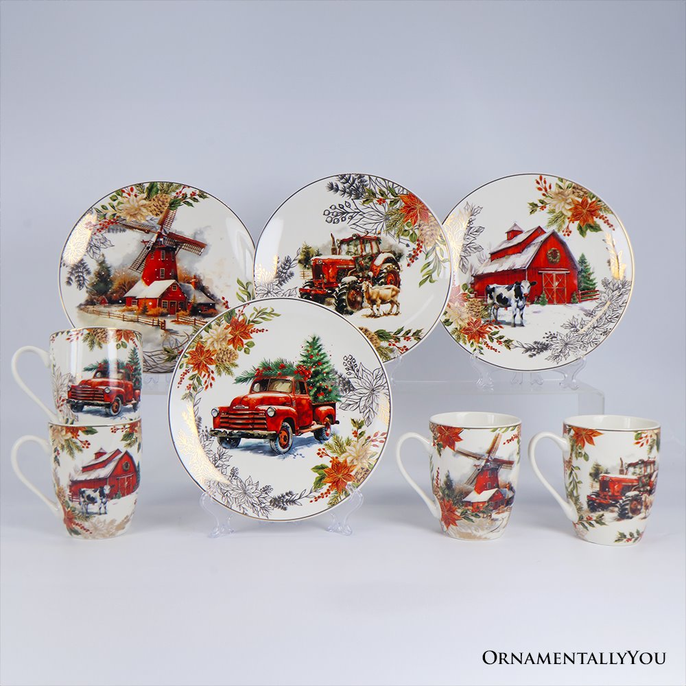 Decor Steals Special - Farmhouse Christmas Set of 4 Plates with Real Gold Elements, Holiday Tableware Collection for Salad, Dessert, Appetizer, and Side Plates