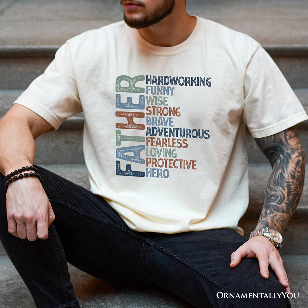 Father Definition T-Shirt, White and Natural Inspirational Tee for Hero Dad