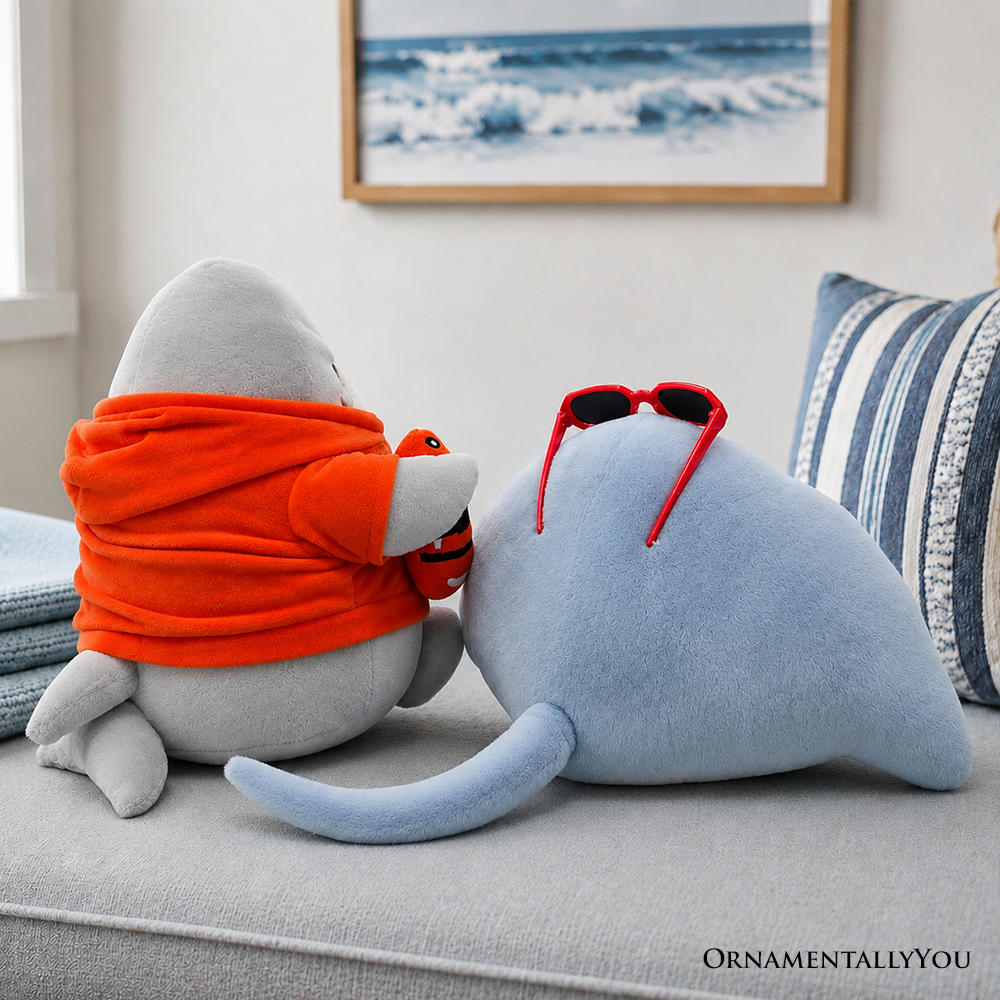 Finn Shark and Ray Stingray Lifeguard Plushie Set, 10.5" Funny Ocean Stuffed Animal Gift for Sea Life Lovers
