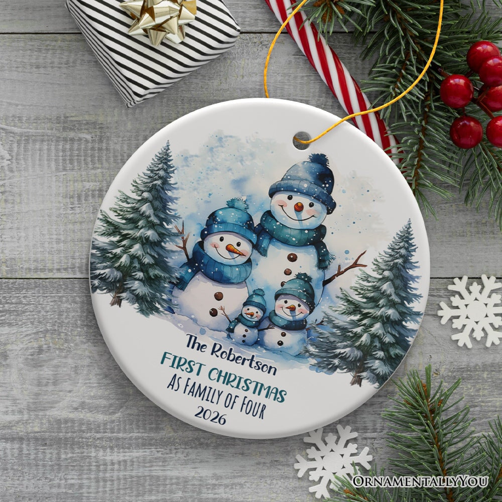 First Christmas Family of Four Personalized Ornament, Cute Artistic Snowmen Christmas Gift With Custom Names and Date