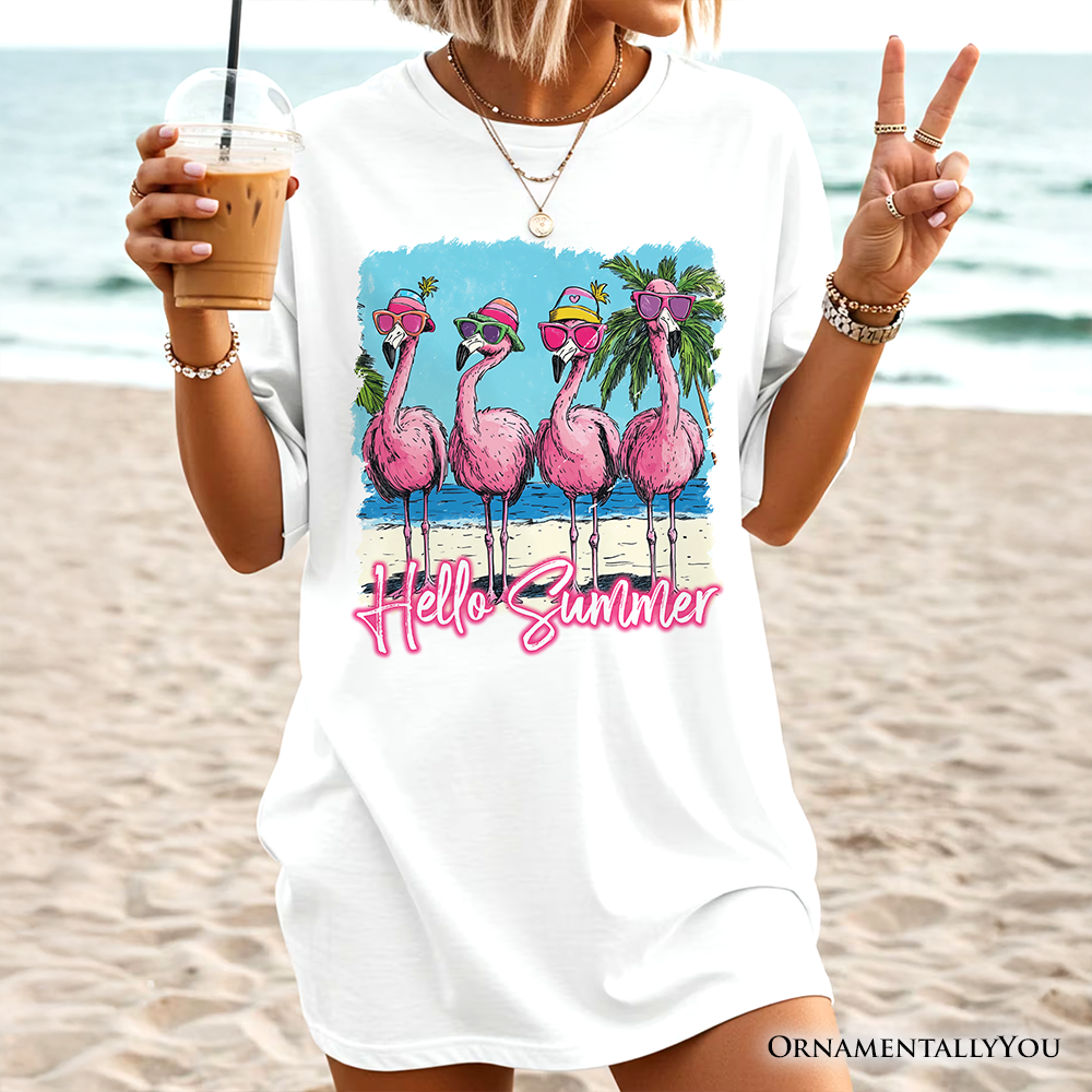 Flamingo Hello Summer T-Shirt, Tropical Beach Vacation Tee