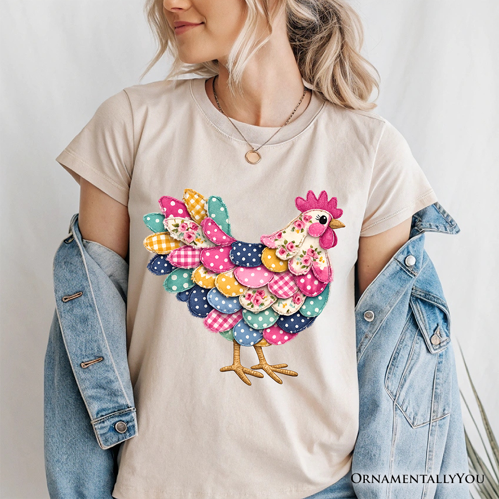 Floral Chicken Printed Faux Patchwork T-Shirt, Coquette Hen Farmhouse Tee