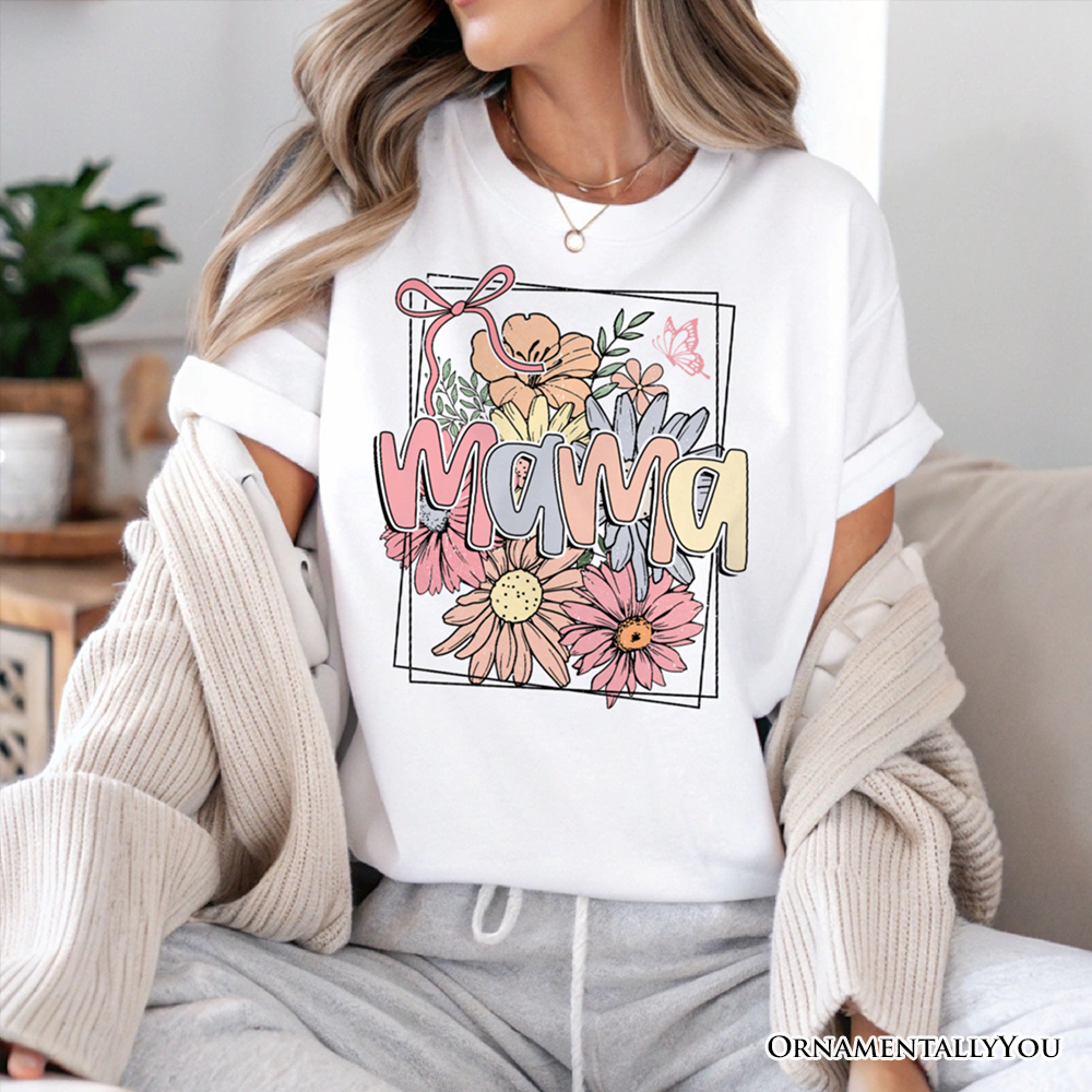 Floral Mama Coquette Bow Pastel T-Shirt, White and Natural Boho Tee With Spring Flower