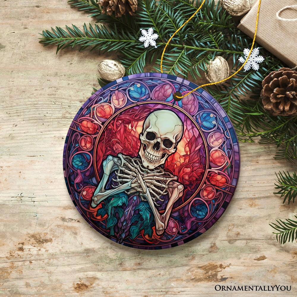 Ghastly Grins Haunted Halloween Skeleton Stained Glass Style Ceramic Ornament, Halloween Themed Christmas Gift