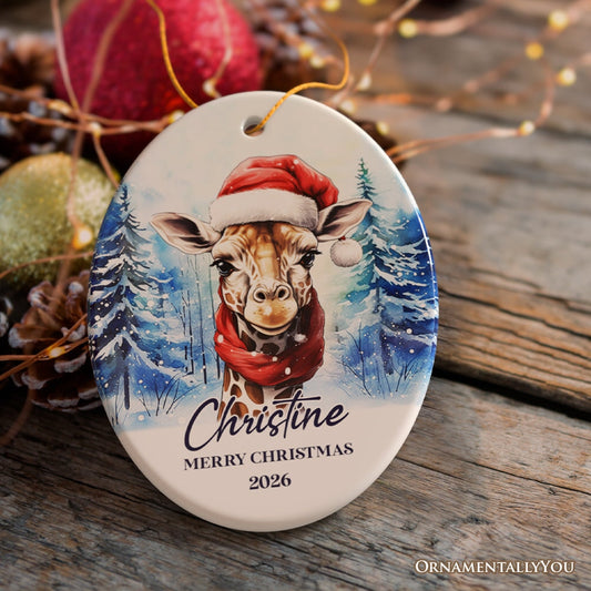 Giraffe with Santa Hat Personalized Ornament, Winter Forest Christmas Gift With Custom Name and Date