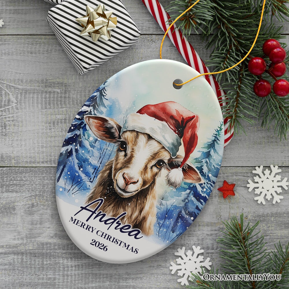 Goat with Santa Hat Personalized Ornament, Winter Forest Christmas Gift With Custom Name and Date