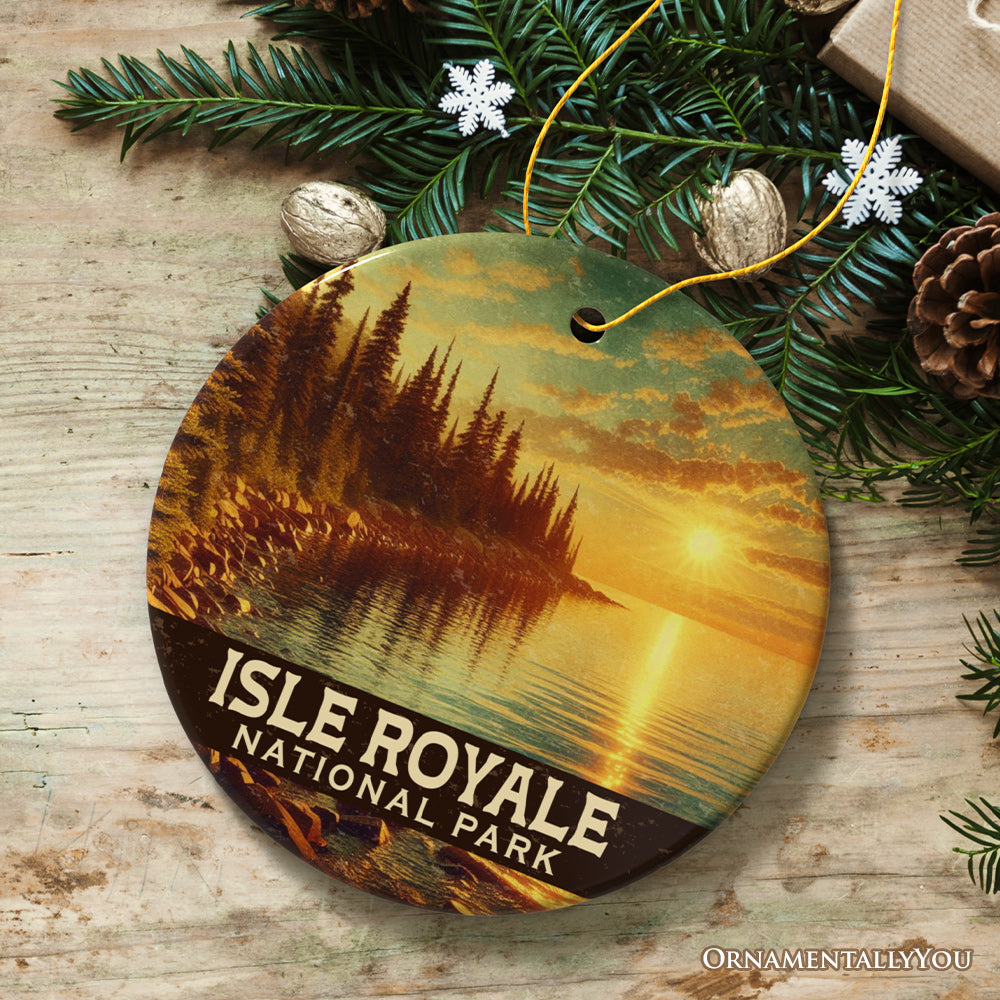 Golden Isle Royale National Park Ornament, Michigan Lake Superior Sunset Shoreline Christmas Gift and Remote Island Wilderness Keepsake
