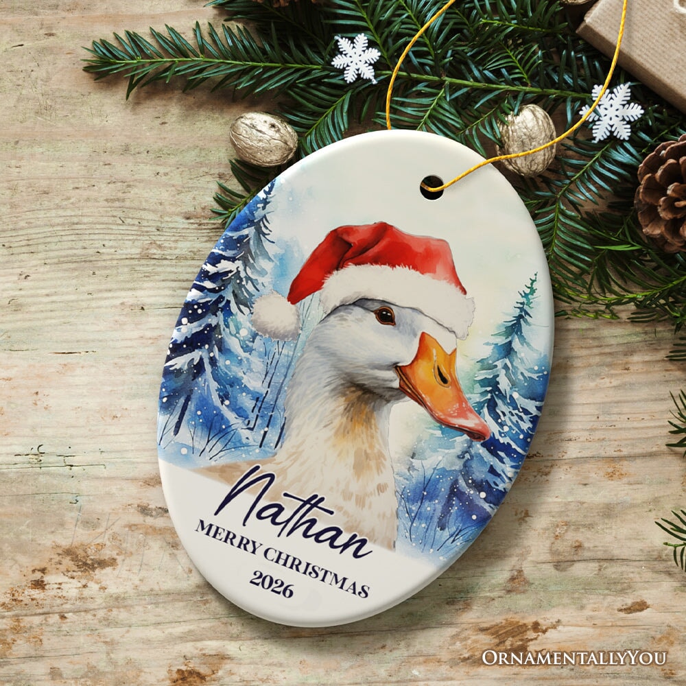 Goose with Santa Hat Personalized Ornament, Winter Forest Christmas Gift With Custom Name and Date