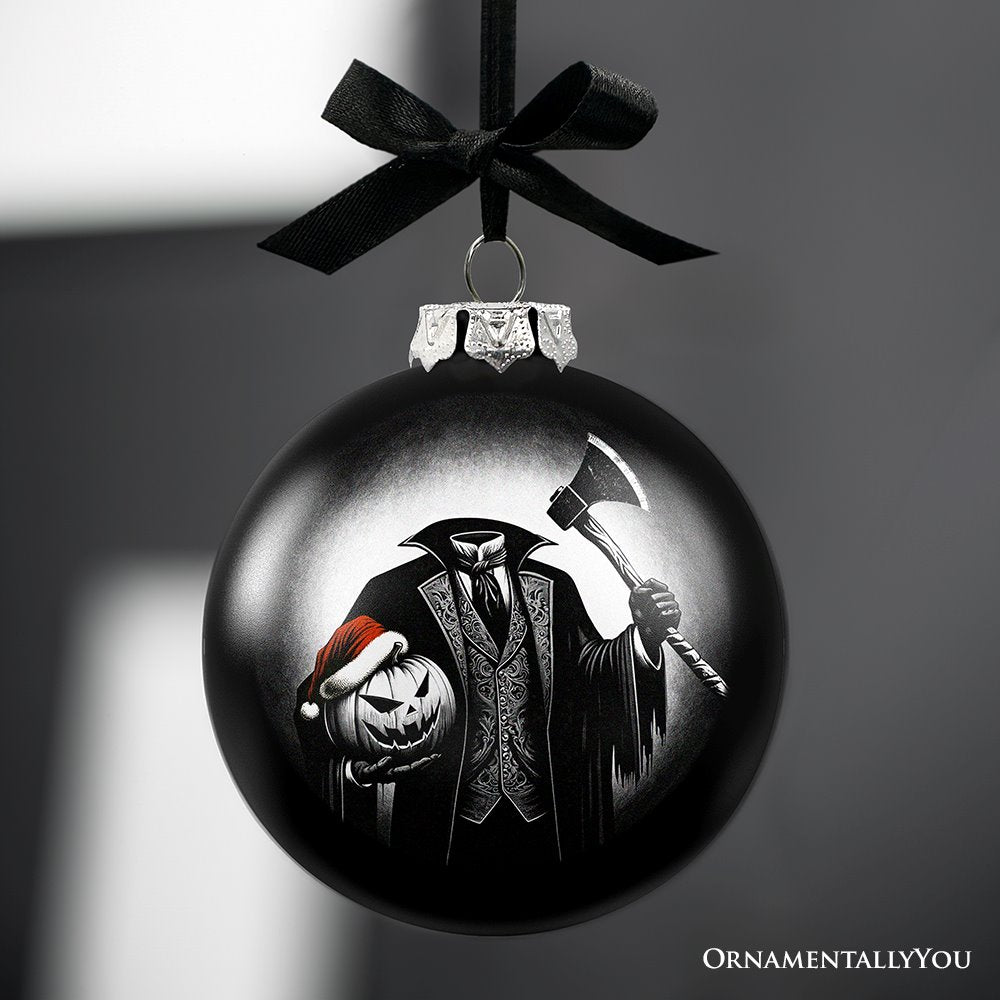 Headless Horseman Spooky Portrait Glass Christmas Ornament, Black Horror Halloween Tree Decoration