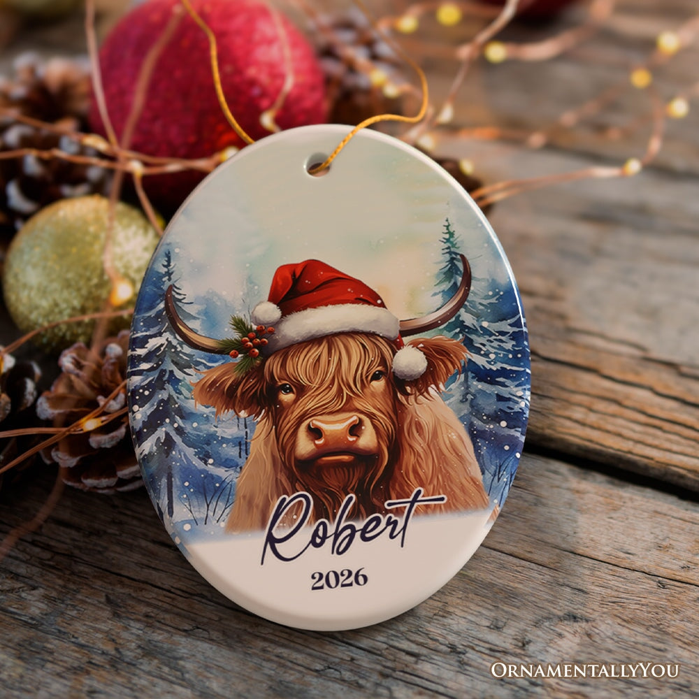 Highland Cow Personalized Ornament, Enchanted Frost Christmas Gift With Custom Name and Date