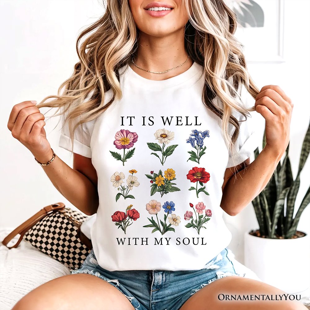 It Is Well With My Soul Christian Floral T-Shirt, Vintage Bible Verse Light Tee