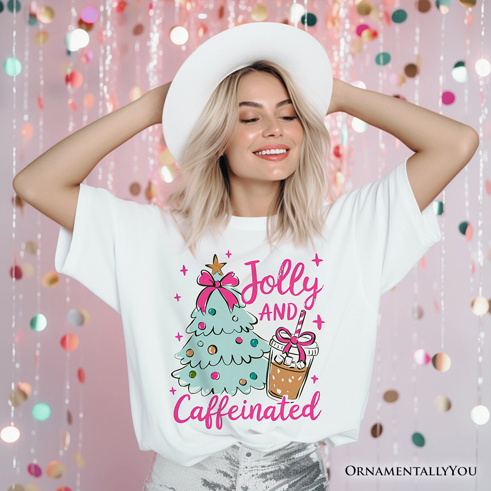 Jolly and Caffeinated Christmas Tree T-Shirt, Retro Coquette Coffee Holiday Tee