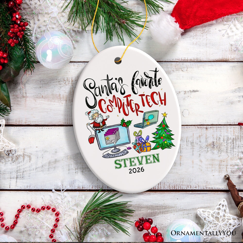 Joyful Santa's Favorite Computer Tech Personalized Ornament, Custom Technology Worker Holiday Gift