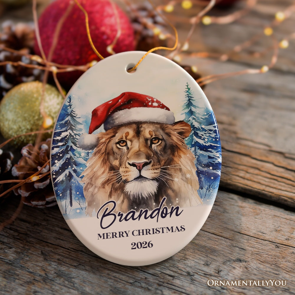Lion with Santa Hat Personalized Ornament, Winter Forest Christmas Gift With Custom Name and Date