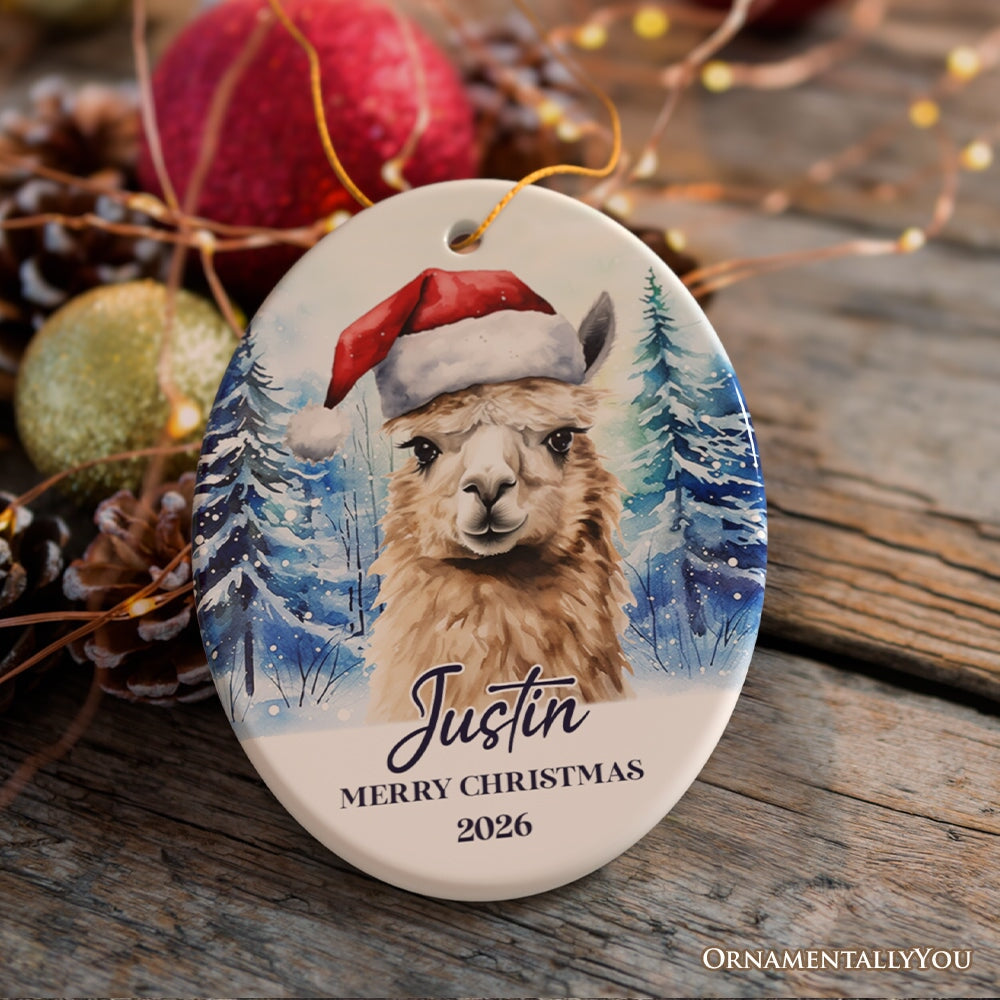 Llama with Santa Hat Personalized Ornament, Winter Forest Christmas Gift With Custom Name and Date