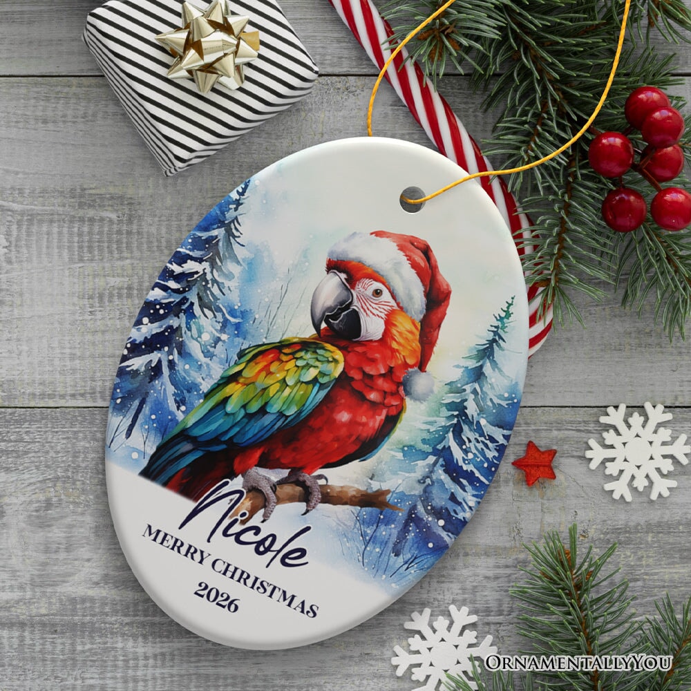 Macaw Parrot with Santa Hat Personalized Ornament, Winter Forest Christmas Gift With Custom Name and Date