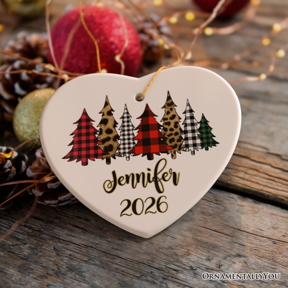 Merry Christmas Buffalo Plaid and Leopard Cheetah Trees Personalized Ornament