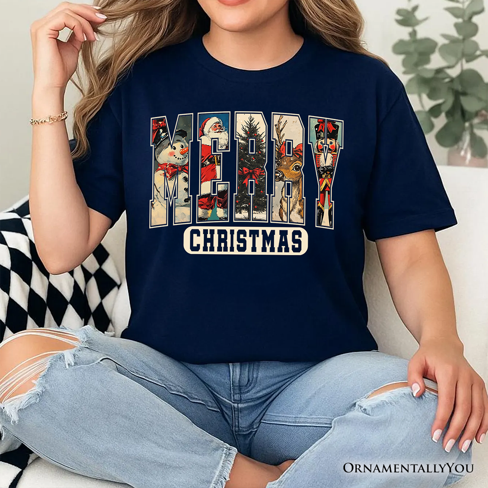 Merry Christmas Vintage T‑Shirt, Santa Tree Reindeer Snowman Nutcracker Tee