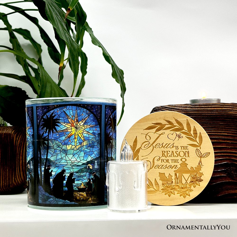 Nativity Faux Stained Glass LED Tea Light Candle, Holy Night Scene Christmas Decor With Soft Glow
