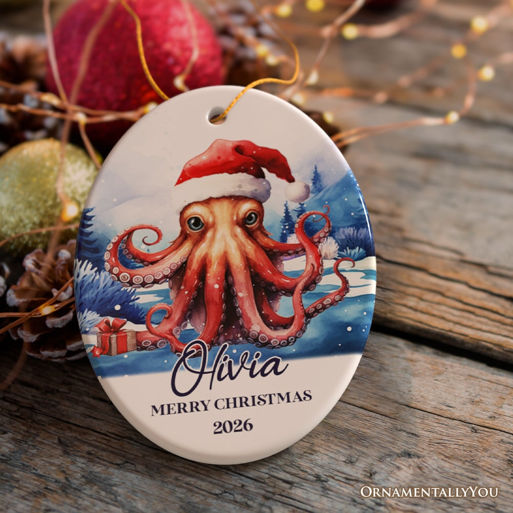 Octopus with Santa Hat Personalized Ornament, Festive Christmas Gift With Custom Name and Date