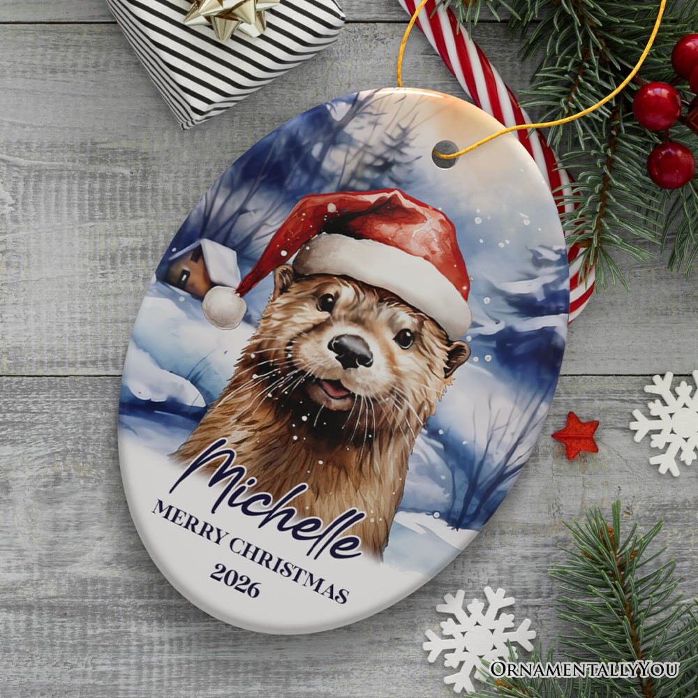Otter with Santa Hat Personalized Ornament, Festive Christmas Gift With Custom Name and Date