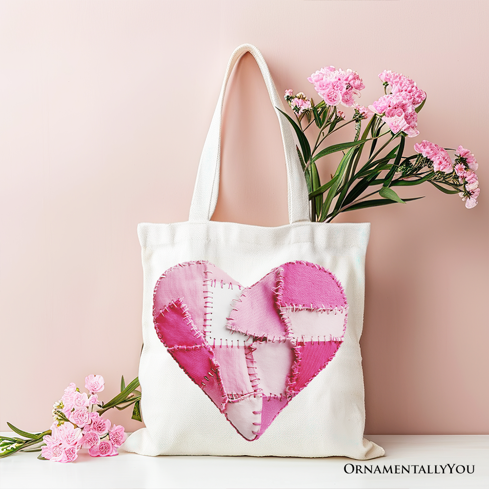 Patchwork-Style Pink Heart Canvas Tote Bag, Vintage Valentine Coquette Love Printed Gift Bag