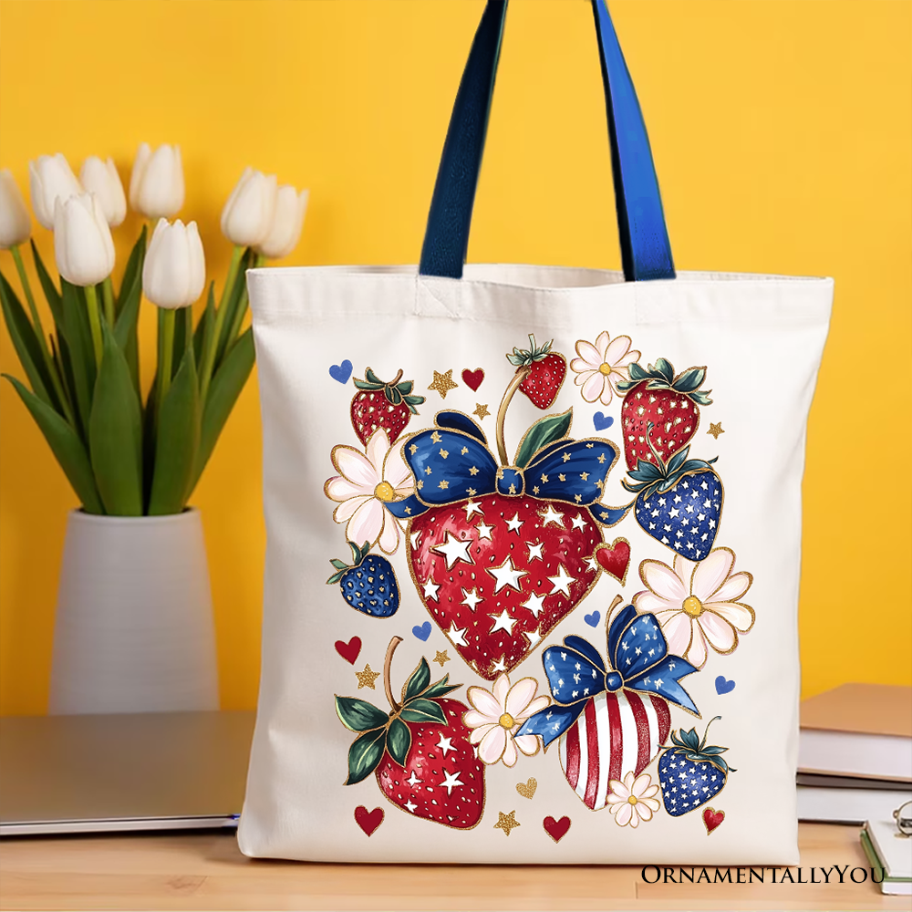 Patriotic Boho Strawberries Bouquet Canvas Tote Bag, 4th of July Festive Patch Gift