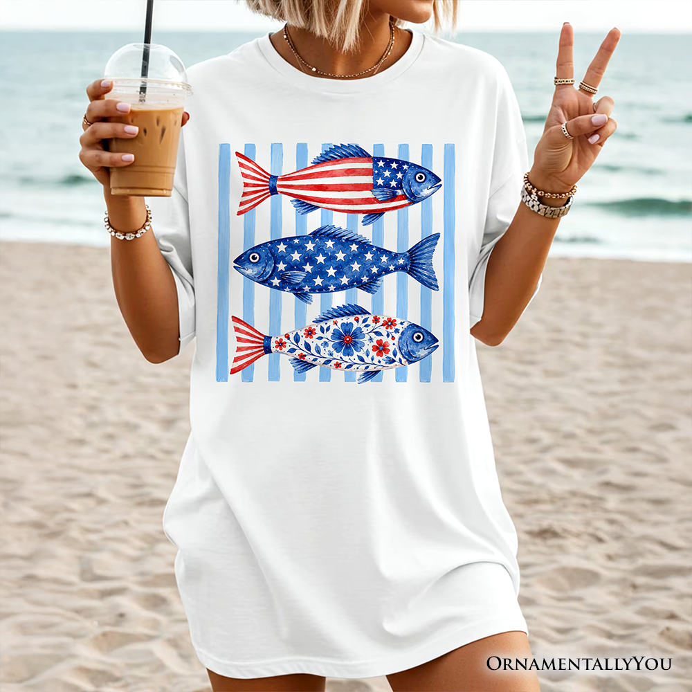 Patriotic Fish Striped T-Shirt, 4th of July Beaсh Tee