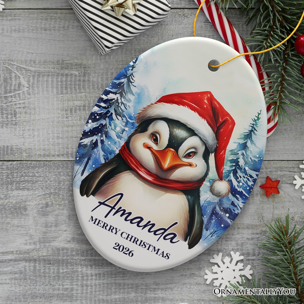 Penguin with Santa Hat Personalized Ornament, Winter Forest Christmas Gift With Custom Name and Date