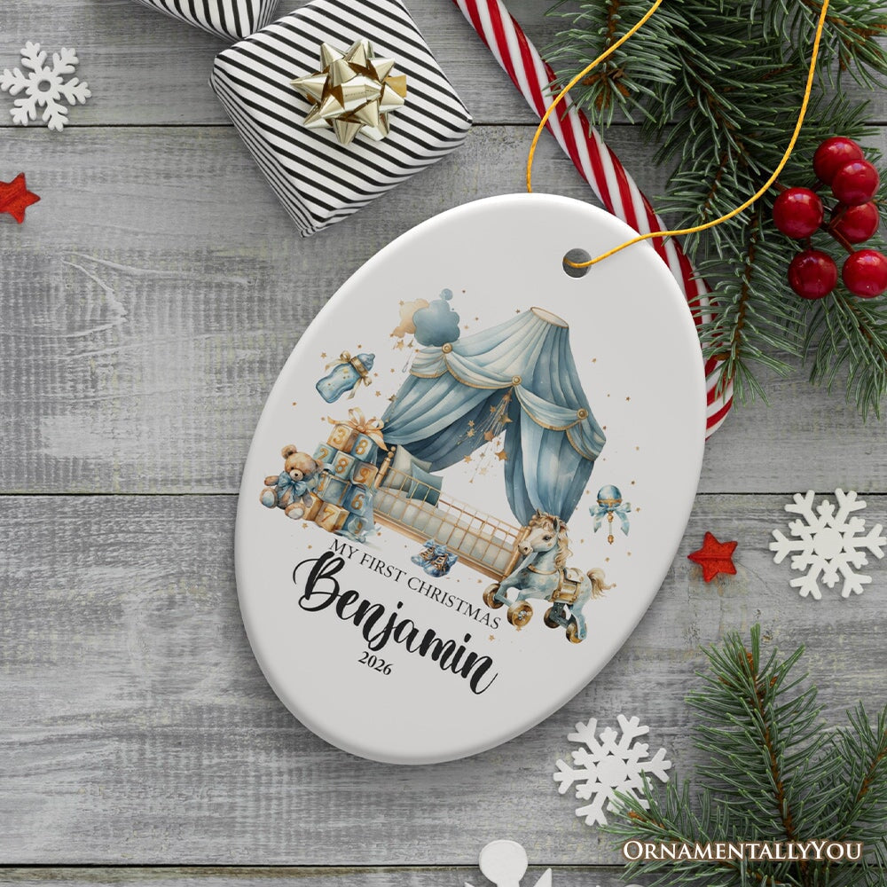 Personalized Baby Boy First Christmas Ornament, Treasured Newborn Holiday Debut Gift