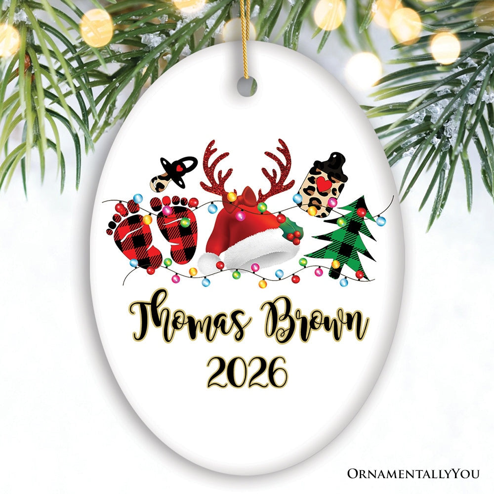Personalized Baby Christmas Buffalo Plaid Leopard Ornament Gift
