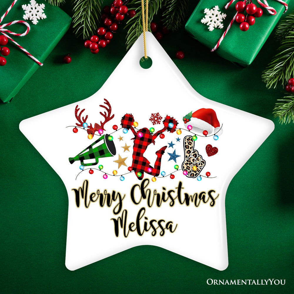 Personalized Cheer Buffalo Plaid Leopard Merry Christmas Ornament, Cheer Team or Coach Gift