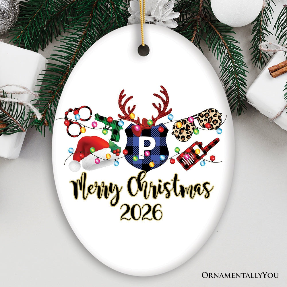 Personalized Merry Christmas Plaid Police Officer Christmas Ornament