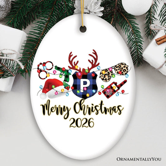 Personalized Merry Christmas Plaid Police Officer Christmas Ornament