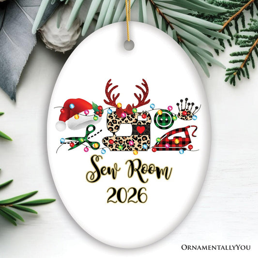 Personalized Sewing Buffalo Plaid Leopard Merry Christmas Ornament, Clothing Stylist Gift