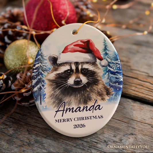 Raccoon with Santa Hat Personalized Ornament, Winter Forest Christmas Gift With Custom Name and Date