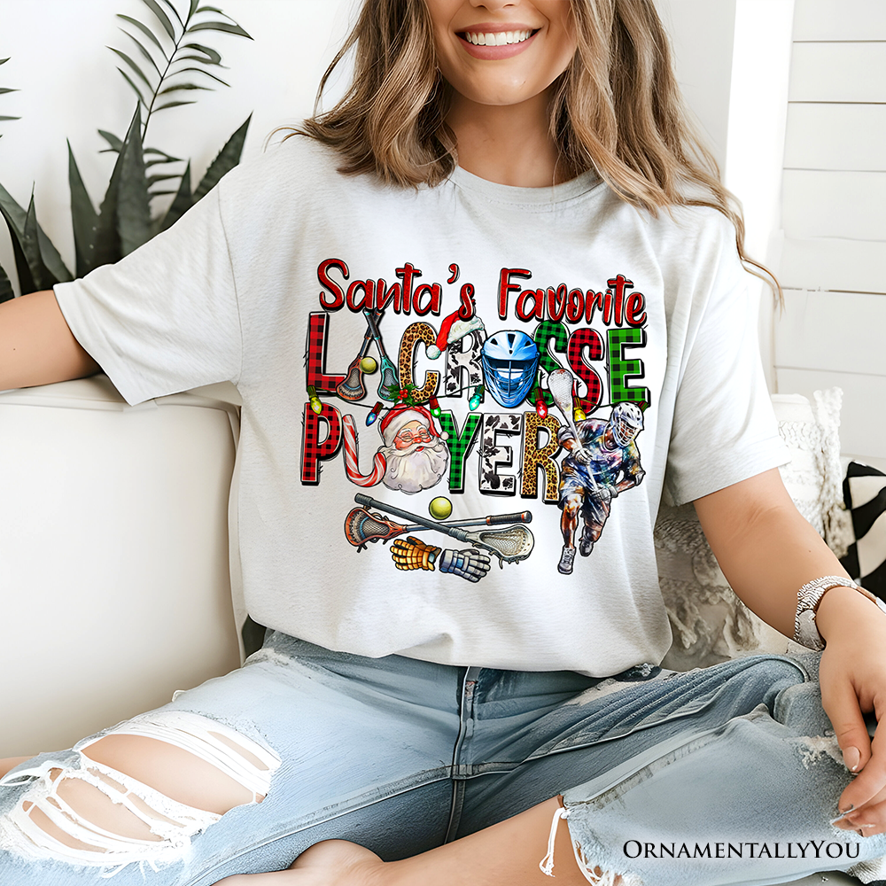 Santa’s Favorite Lacrosse Player Plaid Christmas T-Shirt, Sports Team Holiday Tee
