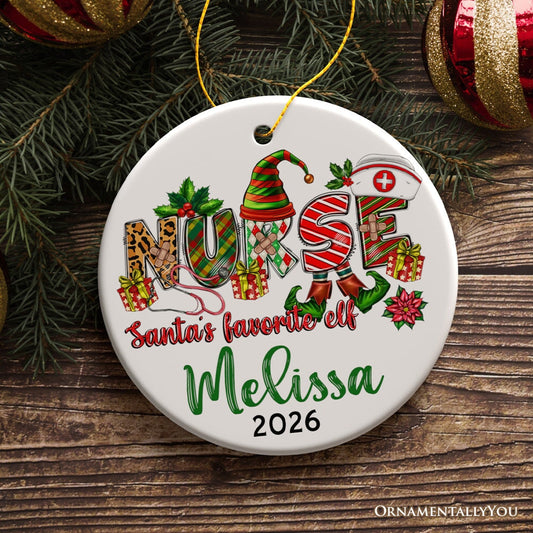 Santa’s Favorite Nurse Elf Personalized Christmas Ornament, Custom Nursing Present