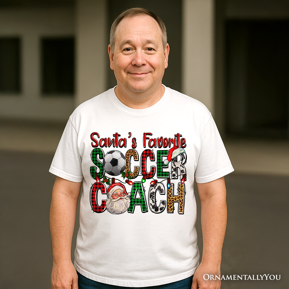 Santa’s Favorite Soccer Coach Plaid Christmas T-Shirt, Sports Team Holiday Tee