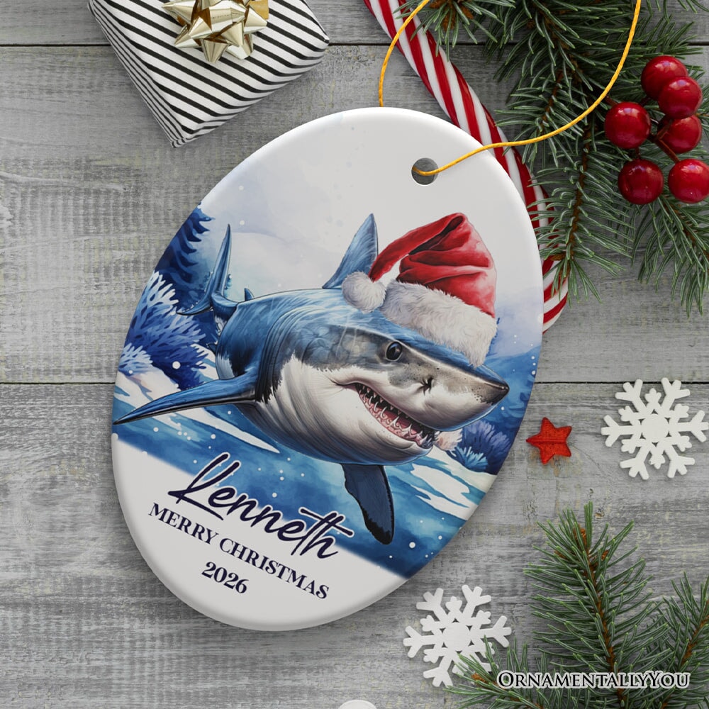 Shark with Santa Hat Personalized Ornament, Festive Christmas Gift With Custom Name and Date