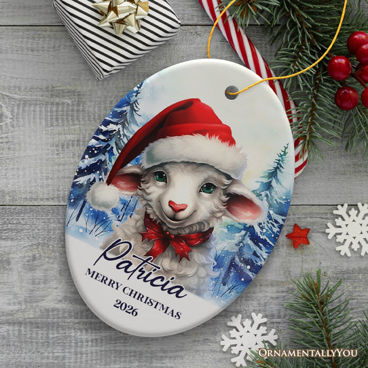 Sheep with Santa Hat Personalized Ornament, Winter Forest Christmas Gift With Custom Name and Date