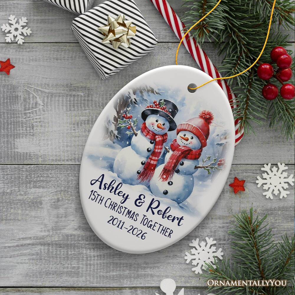 Snowy Married Couple, Watercolor Snowman Anniversary Personalized Ornament Gift