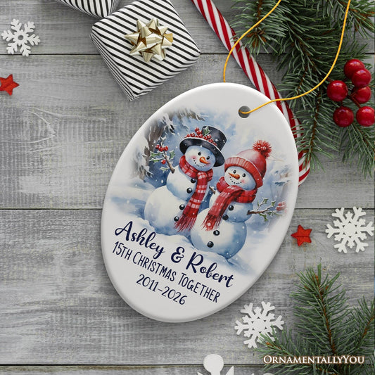 Snowy Married Couple, Watercolor Snowman Anniversary Personalized Ornament Gift