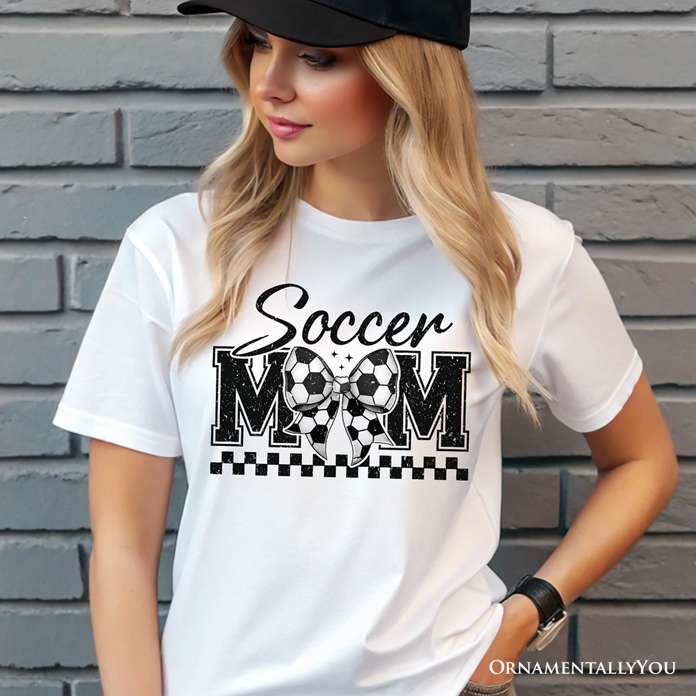 Soccer Mom Coquette Bow Retro T-Shirt, Stylish Game Day White Tee for Trendy and Proud Sports Mothers