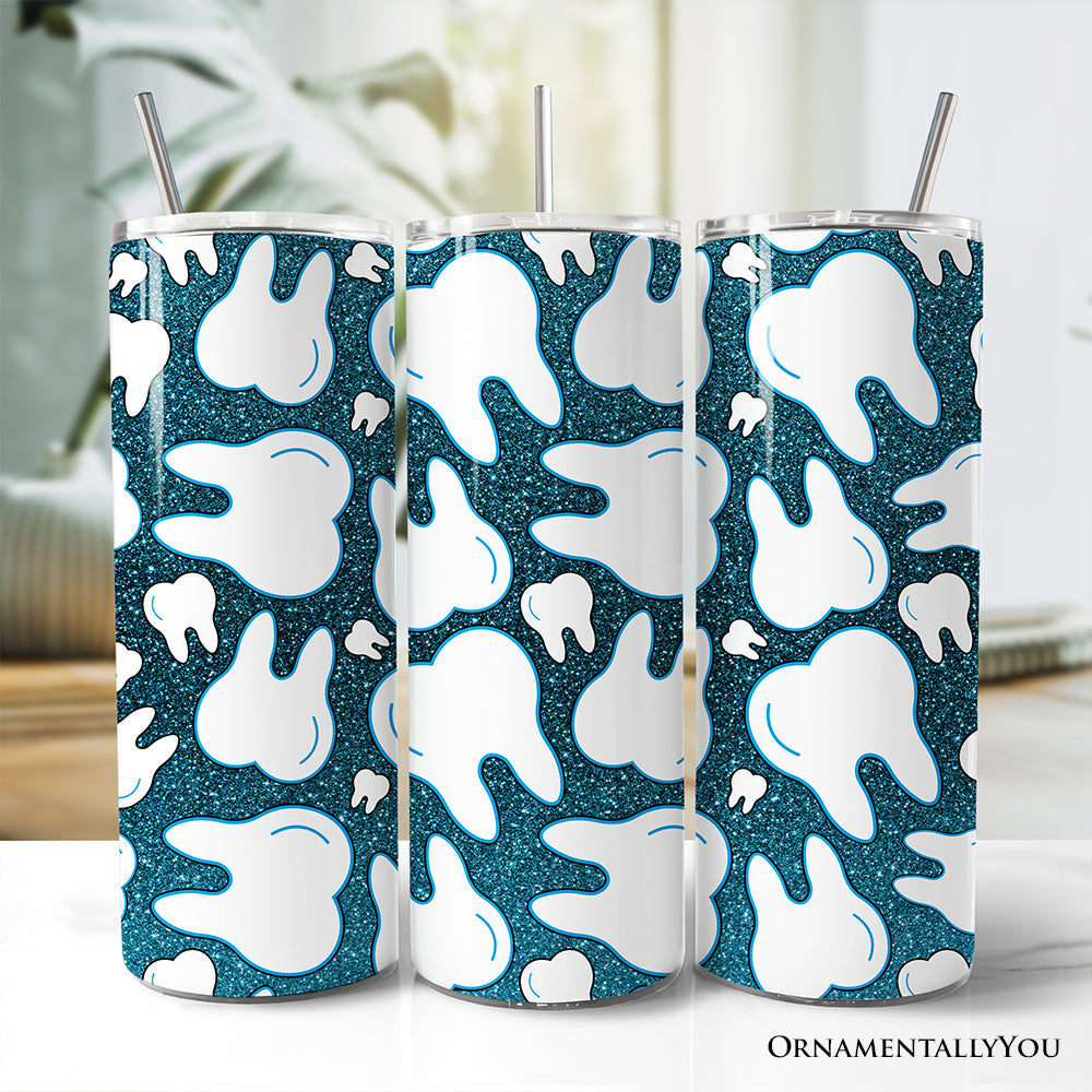 Sparkly Blue Tooth Pattern 20oz Personalized Tumbler With Lid and Stainless Steel Straw, Dental Hygienist Gift Cup